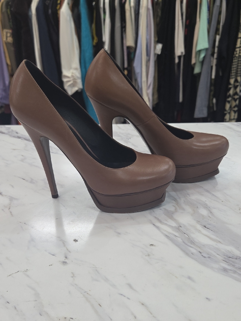Yves Saint Laurent Brown Leather Platform Stiletto Pumps